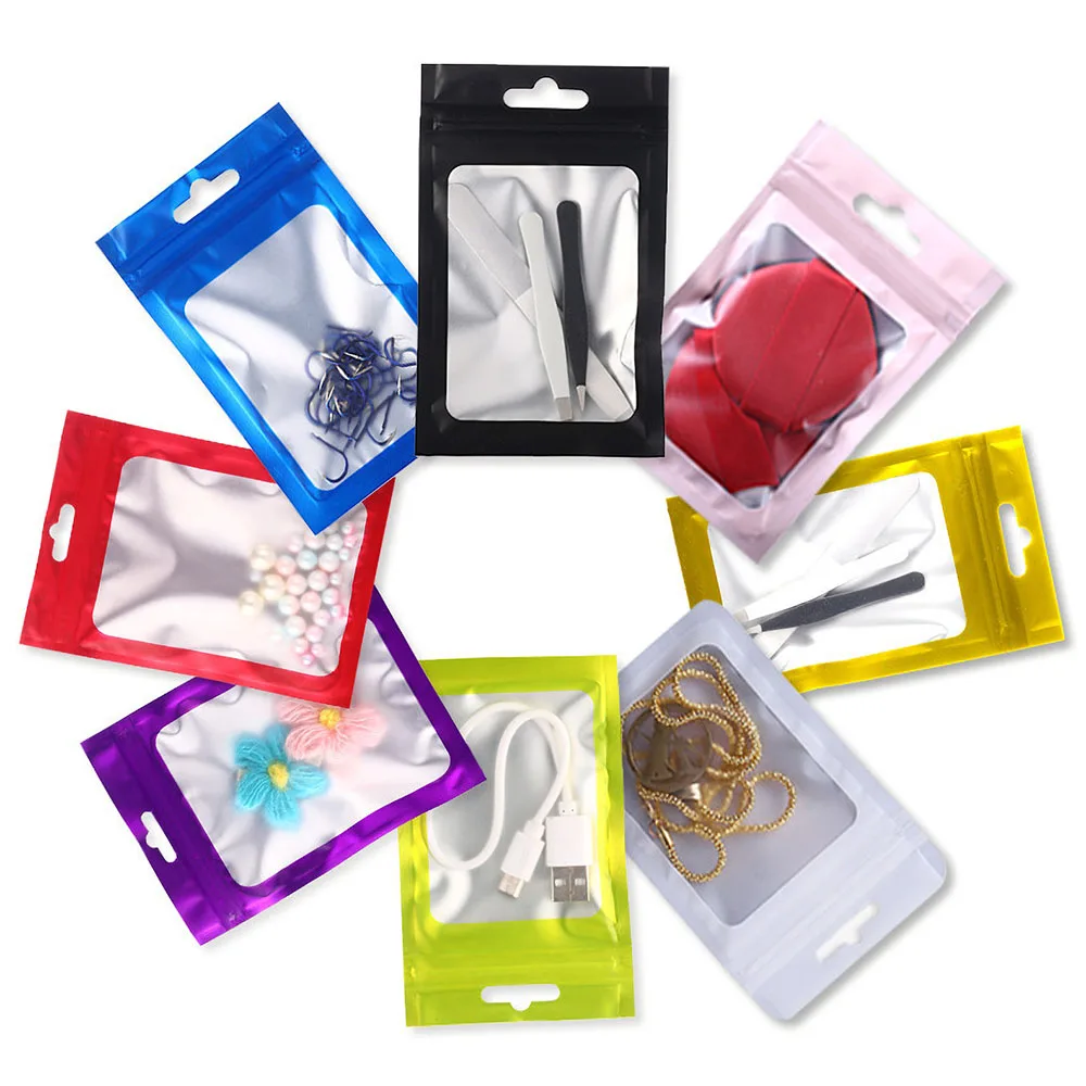 100pcs Aluminum Foil Window Ziplock Bags Clear Front Mylar Flat Pouches Jewelry Nail Powder USB Gifts Resealable Zip Lock Bags