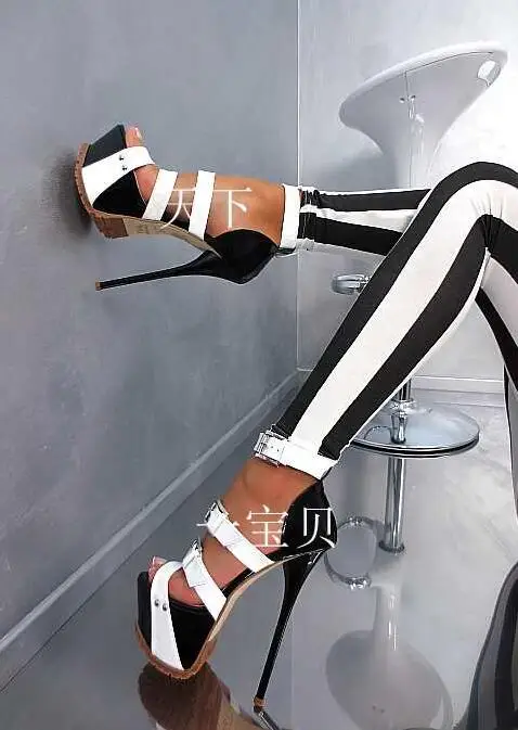 

Sexy Blue Patent Leather High Heel Sandals Buckle Strap Platform 16cm Stiletto Heels Dress Shoes Hollow Strappy Sandals