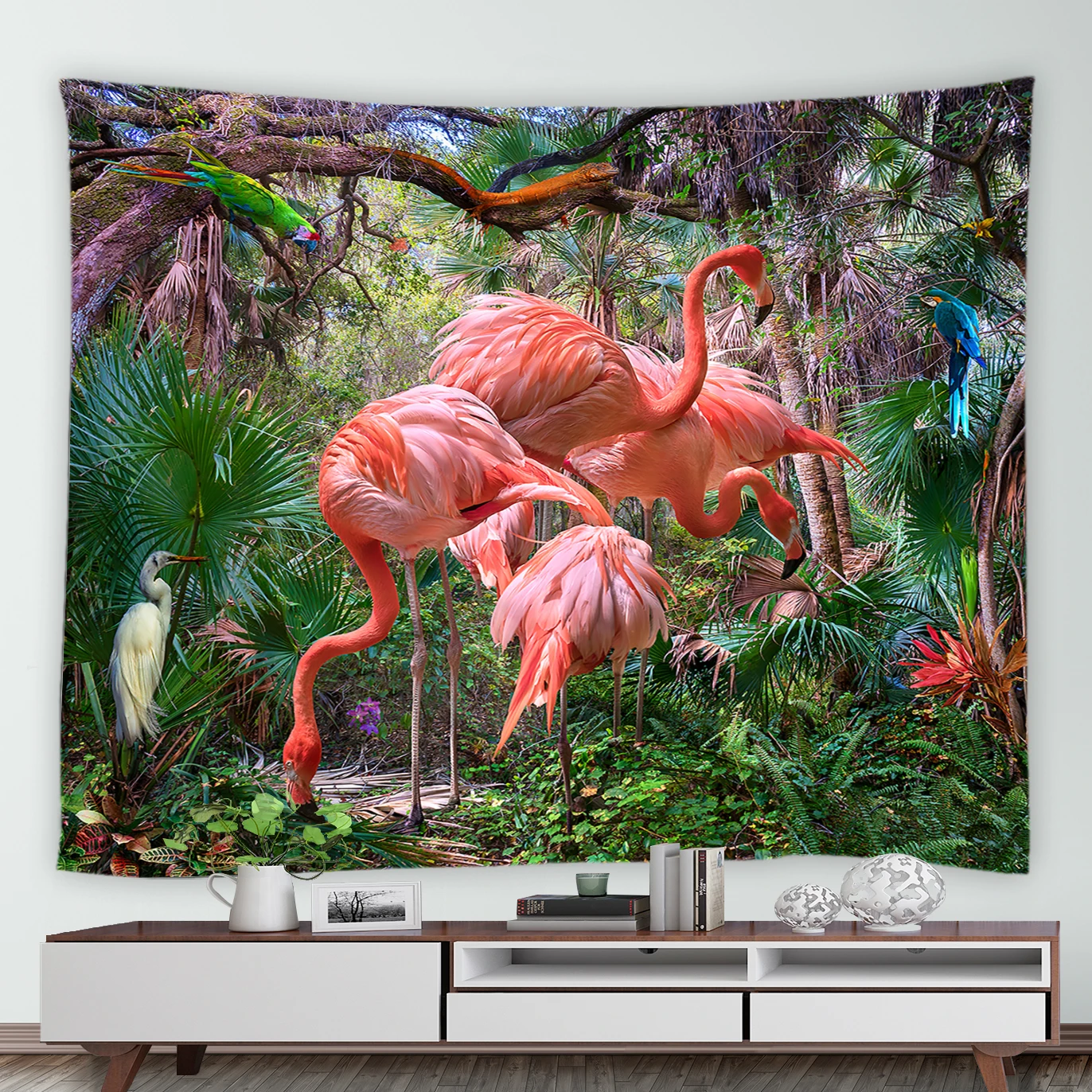 

Tropical Jungle Red Flamingo Tapestry Forest Green Plants Palm Tree Parrot Birds Tapestries Home Dorm Mural Wall Hanging Blanket