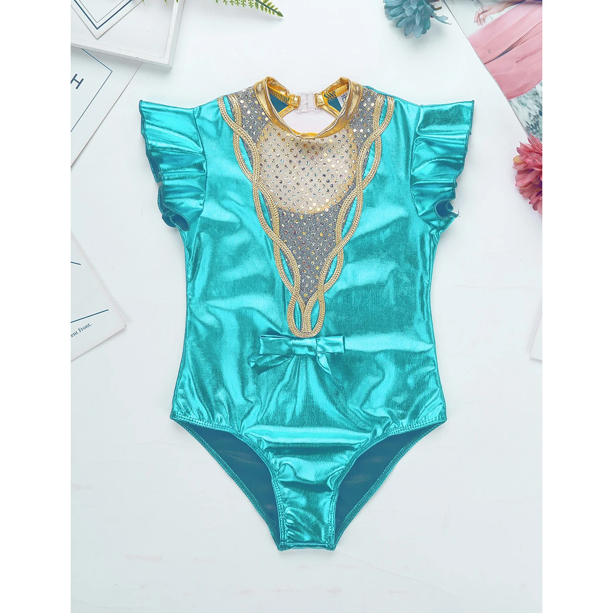 Kids Girls Short Flutter Sleeves Metallic Sparkly Sequins Ballet Gymnastics Leotard Jumpsuit Showman Performance Dance Costume |