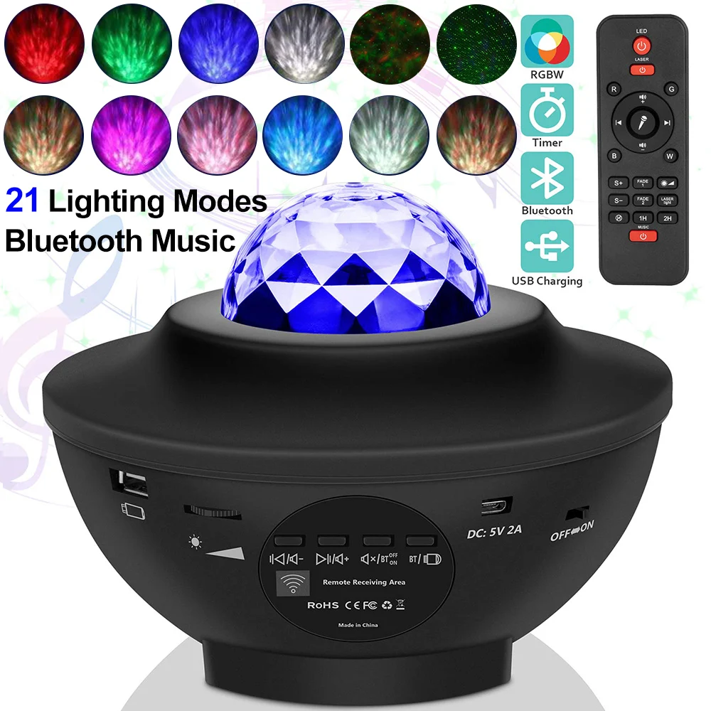 Music Bluetooth Sky Starry Star Projector LED Night Light Ocean Wave Projector Lamp Bedside Bedroom Decor Lamp Kids Xmas Gifts