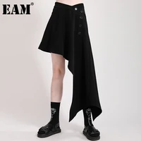 eam high elastic waist black ruffles asymmetrical button half body skirt women fashion tide new spring summer 2021 1dd7505
