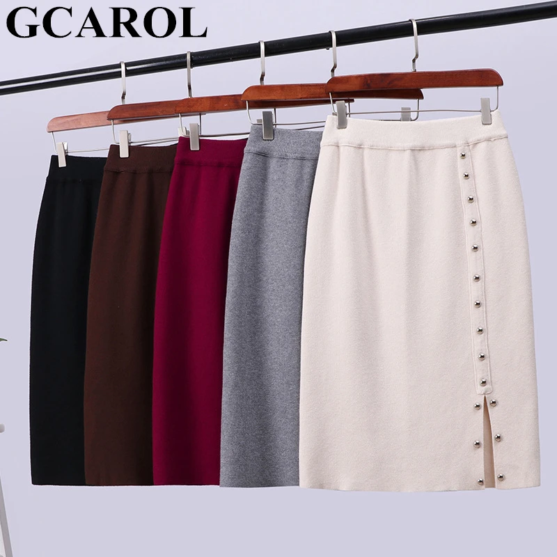 GCAROL/новая осенне-зимняя Корейская трикотажная юбка с заклепками и разрезом эластичная резинка на талии средней длины, эластичная трикотажная юбка