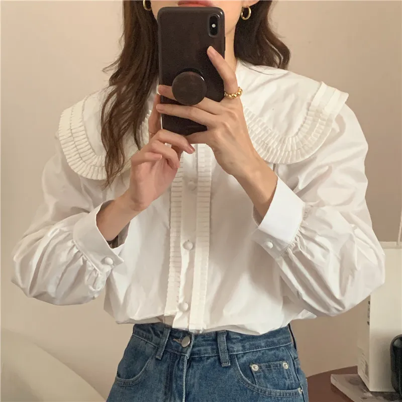 Женская блузка с длинным рукавом, однобортная Повседневная рубашка в Корейском стиле с воротником «Питер Пэн», модель V147 на весну/осень