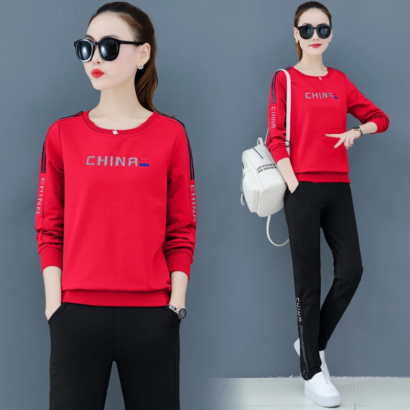 2020 весенние женские большие размеры модные футболки с круглым воротником + брюки