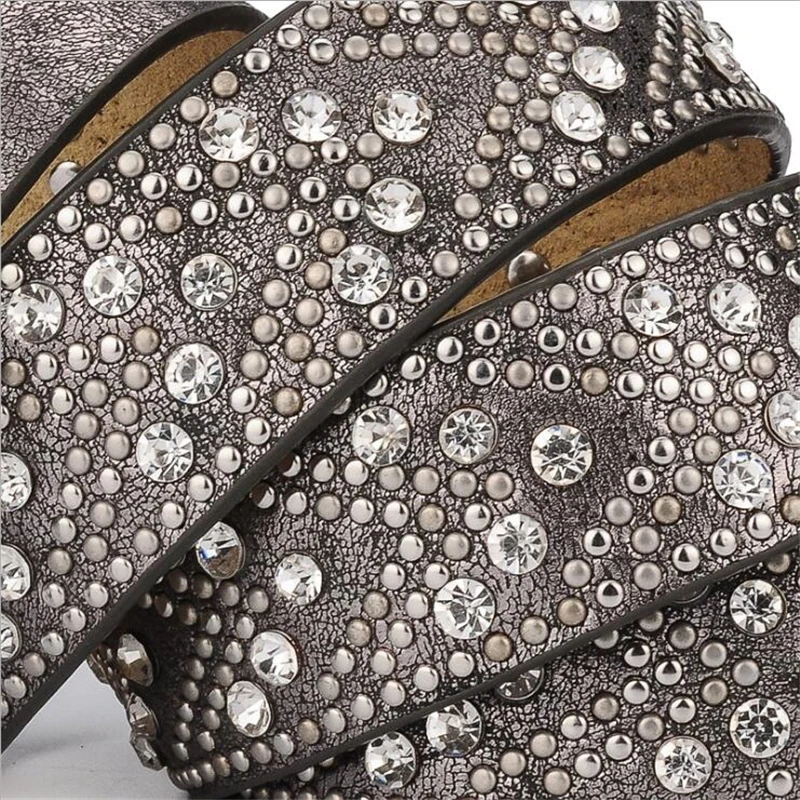 

2021 Luxury Belts for Women High Quality Fashion Cool Rivet Rhinestone Decoration Leather Belts Pin Buckle Waist Belts