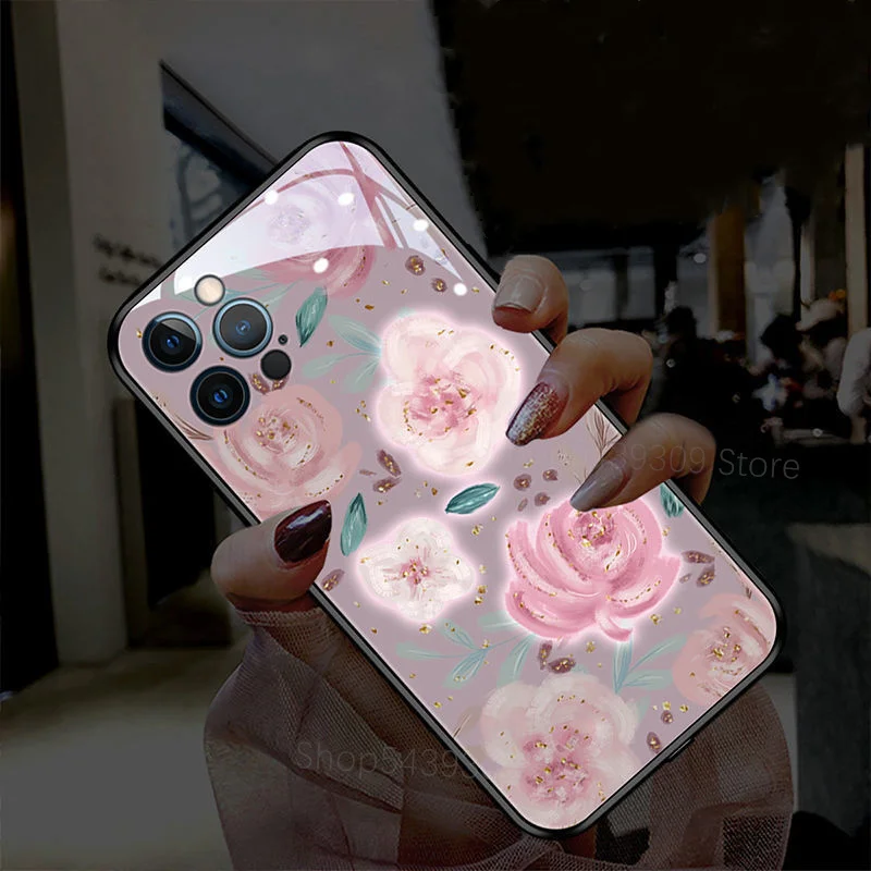 

Ultra Slim 9H Glass Flash Case On For iPhone 7 8 7Plus 8Plus 9Plus 11 12 Pro XR X XS Max 3D Emboss Rose Floral Lady Phone Cover
