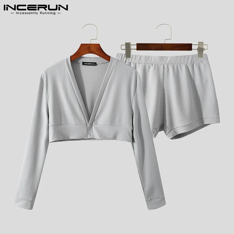 

Casual Pajama Sets Men Clothing Suit Long Sleeve V-neck Shirts Short Pants Night Wear Knitting Clothing Sets 2Pcs S-5XL INCERUN
