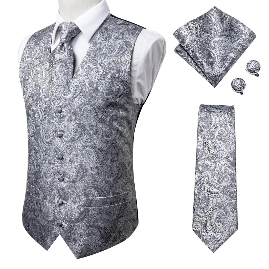 

Designer Silk Men's Waistcoat Necktie Set Men Vests With Neck Tie Hankerchief Cufflinks Floral Paisley Blue Purple Gold Gift