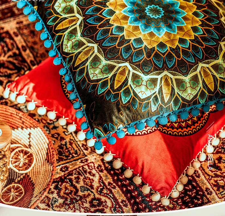 Red Cushion Cover Mandala Floral Pillow Soft Velvet 45X45cm/50x50cm Pomom Ball Fringe Home Decoration | Дом и сад