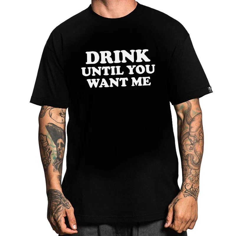 Стильная черная футболка с короткими рукавами в стиле хип хоп надписью Drink Until You