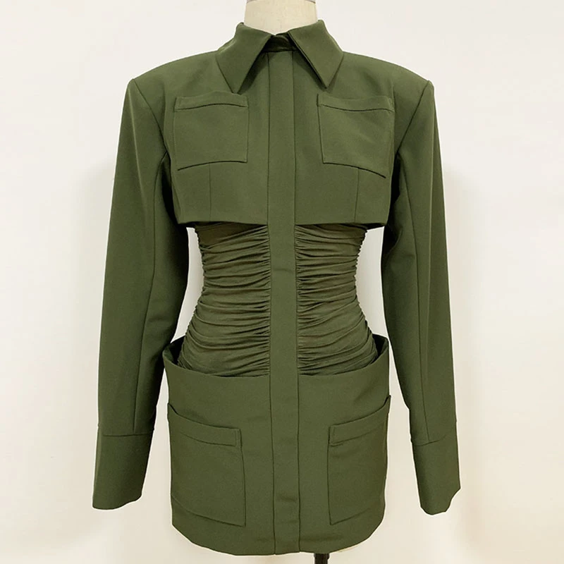 

SeeBeautiful Pleated Stitching Loose Mini Dress Lapel Long Sleeve Pockets Back Zipper New Fashion 2021 Spring Women M667