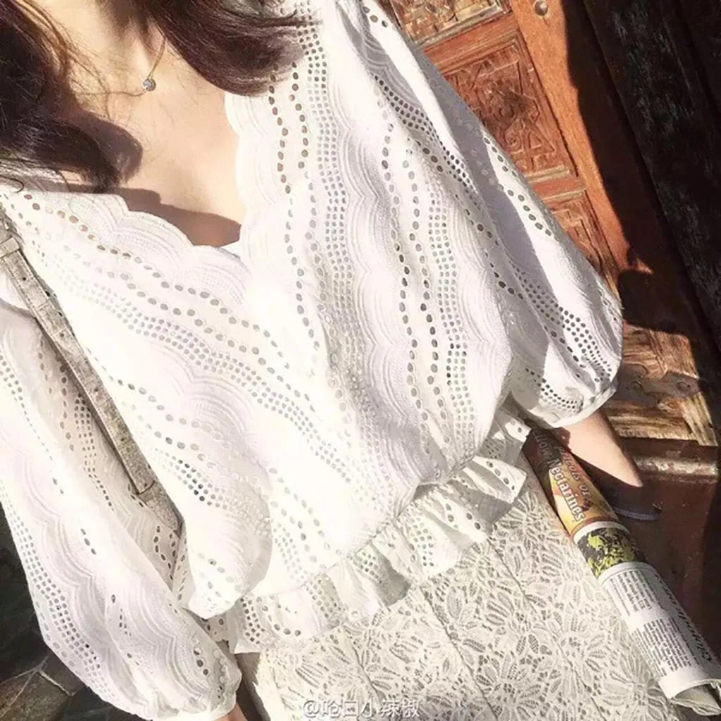 2019 модная женская Свободная однотонная блузка с длинным рукавом и V-образным