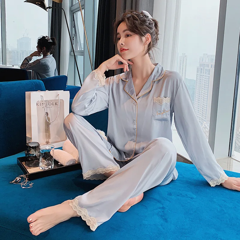 Satin Soft Touch Lace Sexy Pajama Set Women's Summer Long Sleeve Suit Pyjamas