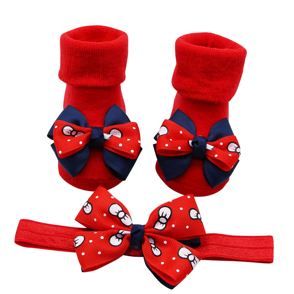 

Socks For Children Cotton Newborn Baby Socks Baby Infant Socks +1PC Hair Belt Toddler Girls Bow Wave Point Anti-slip Socks