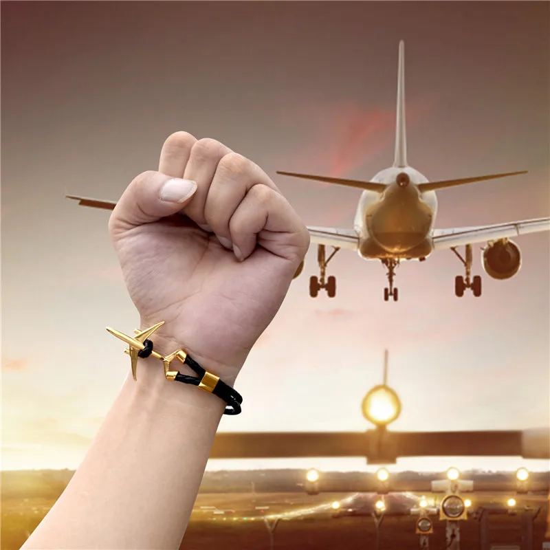 MKENDN Hot Sale Stainless Steel Airplane Anchor Bracelets Men Women Genuine Multilayer Leather Bracelet Freestyle Homme Jewelry
