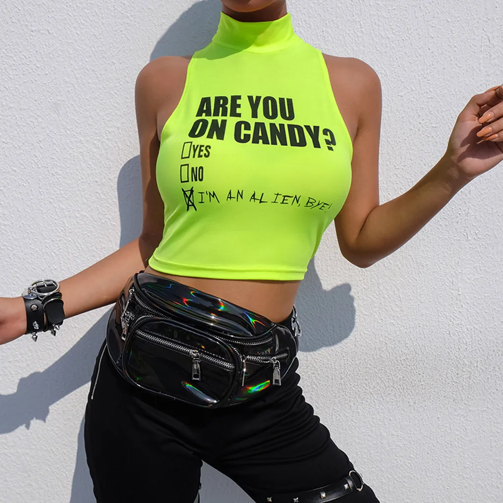 Женские майки с буквенным принтом высоким воротом без рукавов облегающие