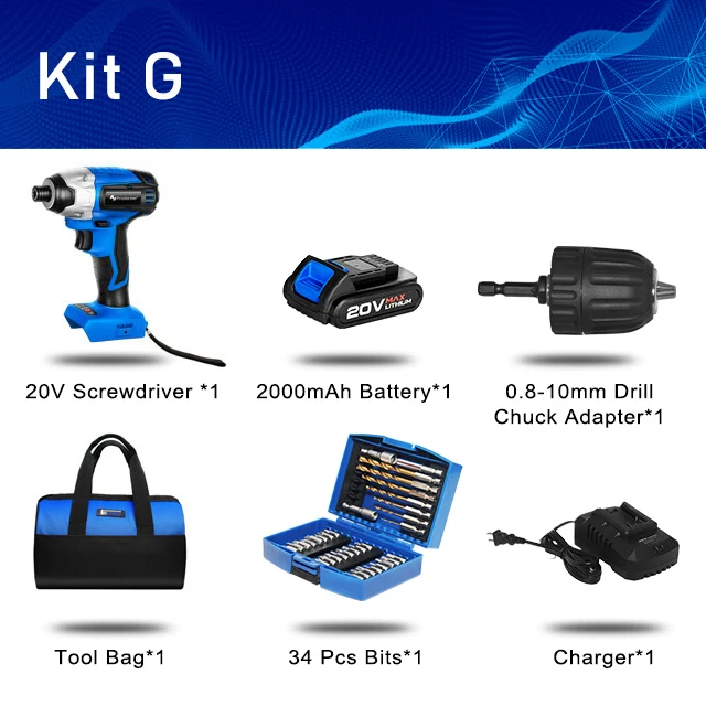 KIT G Электрическая отвертка PROSTORMER 20 в бесщеточная аккумуляторная отвертка Ударная дрель 300 нм сумка для инструментов перезаряжаемая дрель с переменной скоростью - Цвет: KIT G