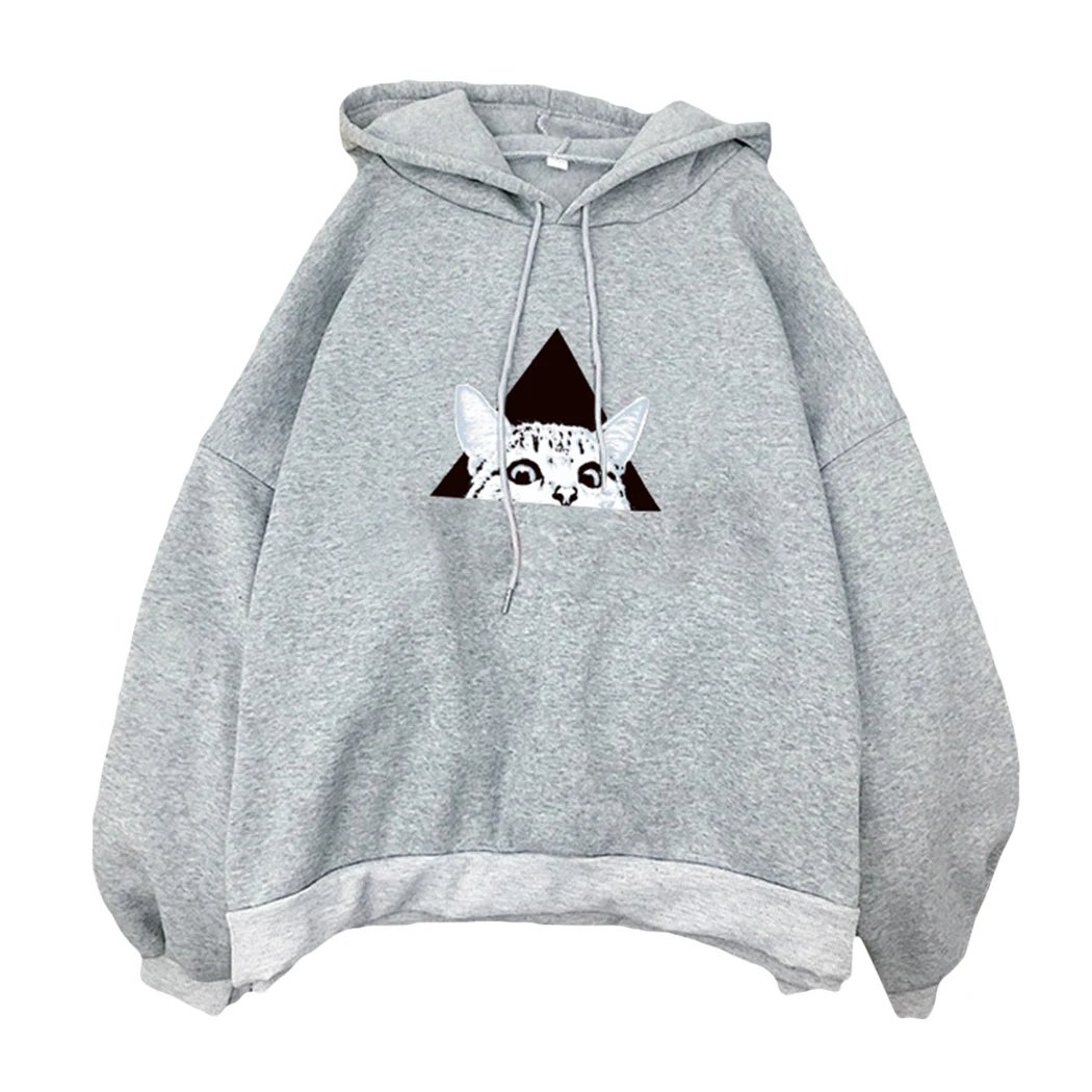 Gray Kawaii, Женская мультяшная толстовка с капюшоном, милые толстовки с принтом кота, Осень-зима, с длинным рукавом, свободная уличная одежда, пуловер, топы - Цвет: Gray