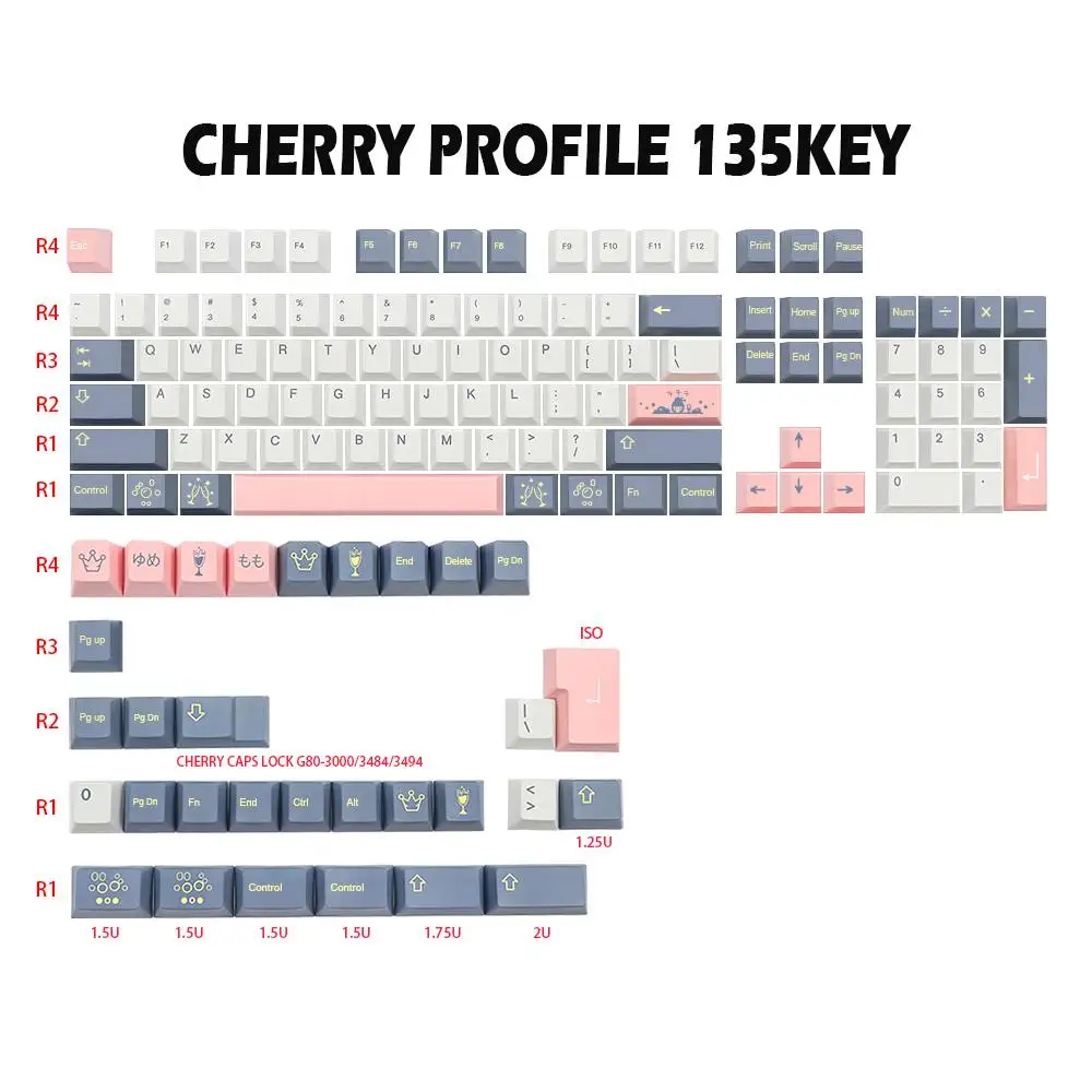 

135 KEYS Cherry Profile Keycap DYE-sublimation double shot PBT keyboard For Cherry MX Switch G80-3000/3484/349 Keyboards