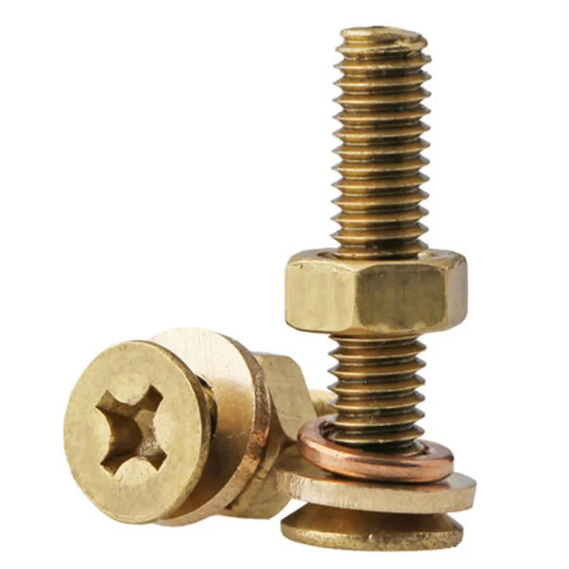 

Brass cross countersunk head screw nut set with elastic washer 4-in-1 Set Philip flat copper bolt nut washer set M3M4M5M6 5PCS