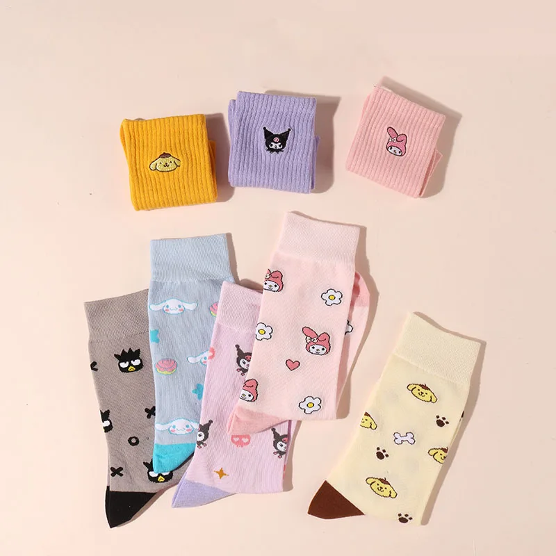 

New Kawaii My Melody Kuromi Female Growth Socks 21Cm Cute Cinnamoroll Onpompurin Socks Anime Pattern