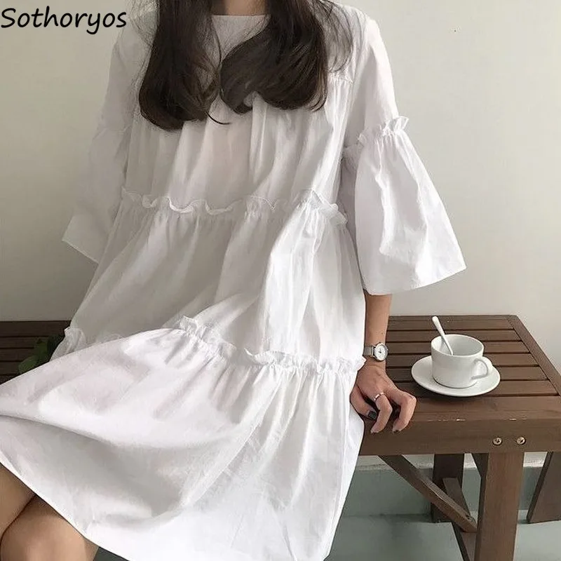 Женское платье трапеция с рукавом три четверти летнее Плиссированное однотонное