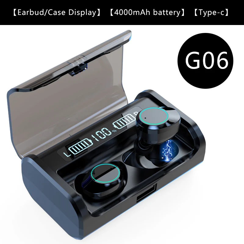 G06 Высококачественный 5,0 Bluetooth AAC код стерео наушники беспроводной водонепроницаемый регулятор громкости сенсорные наушники гарнитура двойной светодиодный дисплей тип-c - Цвет: G06
