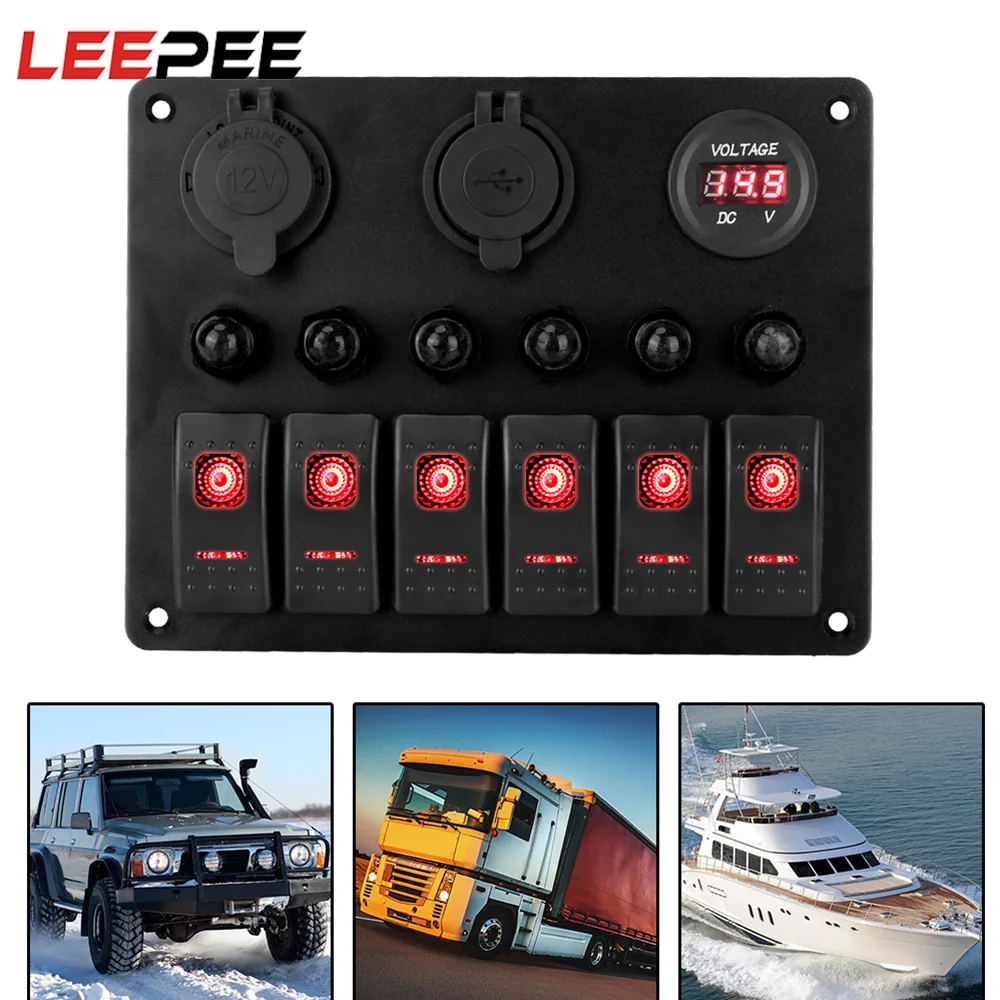 

LEEPEE DC 12 В/24 В 6 кнопок кулисный переключатель панель автомобиля морская цепь светодиодный брейкер Цифровой вольтметр алюминиевая панель два...