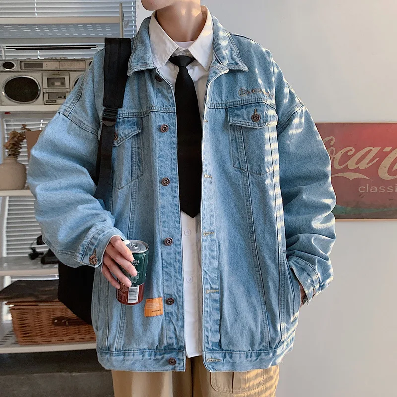 

Джинсовая куртка мужская в Корейском стиле, новинка весны 2021, старая потертая куртка, однотонная мужская рубашка, трендовая джинсовая куртк...