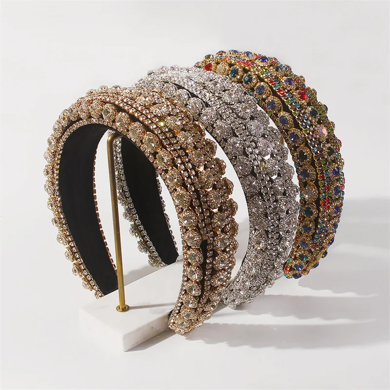 

Full Crystal Baroque Luxury Wide Sponge Hair Bands For Women Wedding Headbands With Rhinestones Sparkly Padded Head Accessories