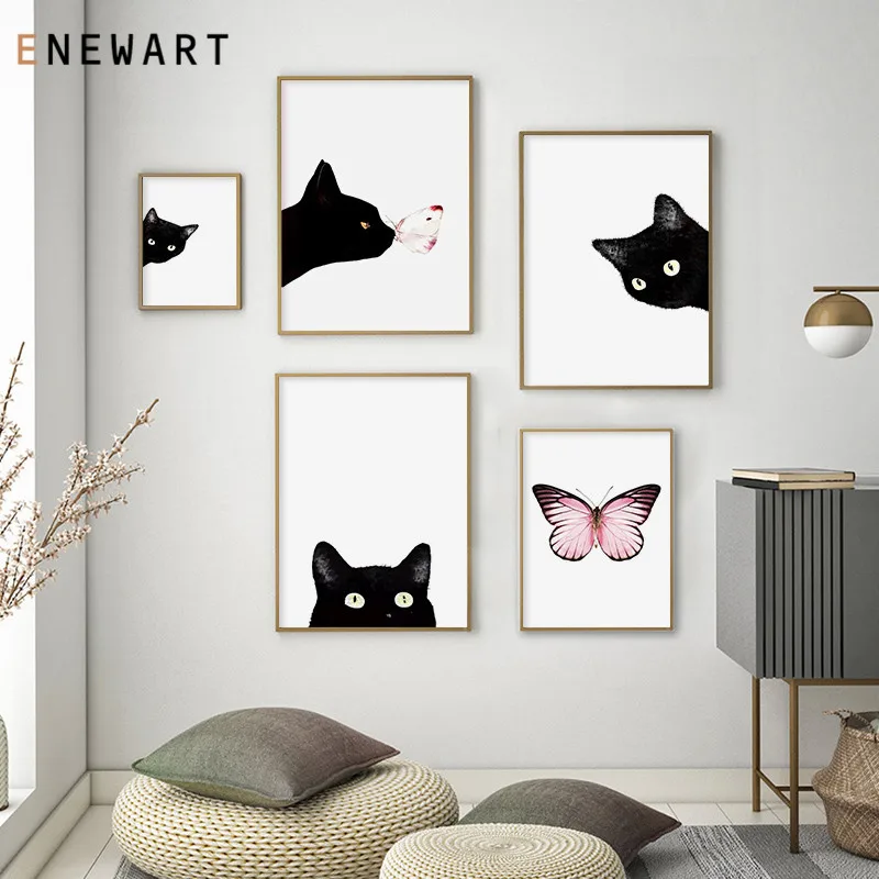 

Butterfly Canvas Print Painting Nordic Lovely Black White Watercolor Cats Posters Wall Art Animals Pictures for Living Room