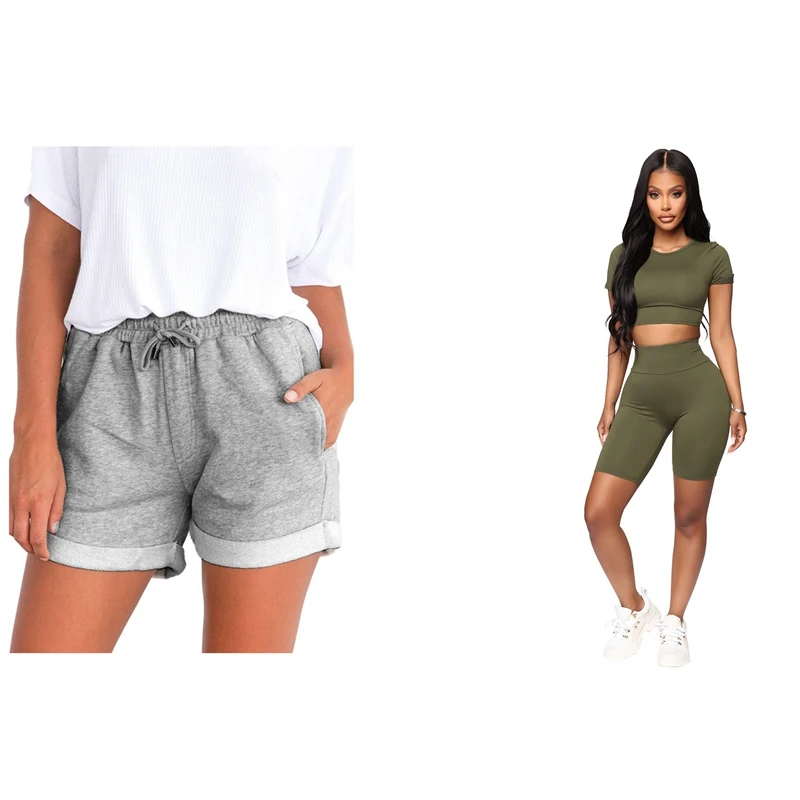 

1 Set Short Sleeve T-Shirts Blouses O-Neck Army Green XL & 1 Pcs Loose Shorts Beach High Waist Short Gray