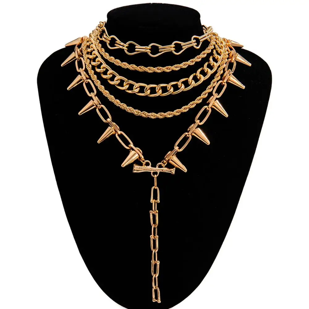 

IngeSight.Z Multi Layer Goth Gothic Chunky Thick Curb Cuban Twisted Metal Rope Chain Choker Necklace Rivet Long Necklace Jewelry