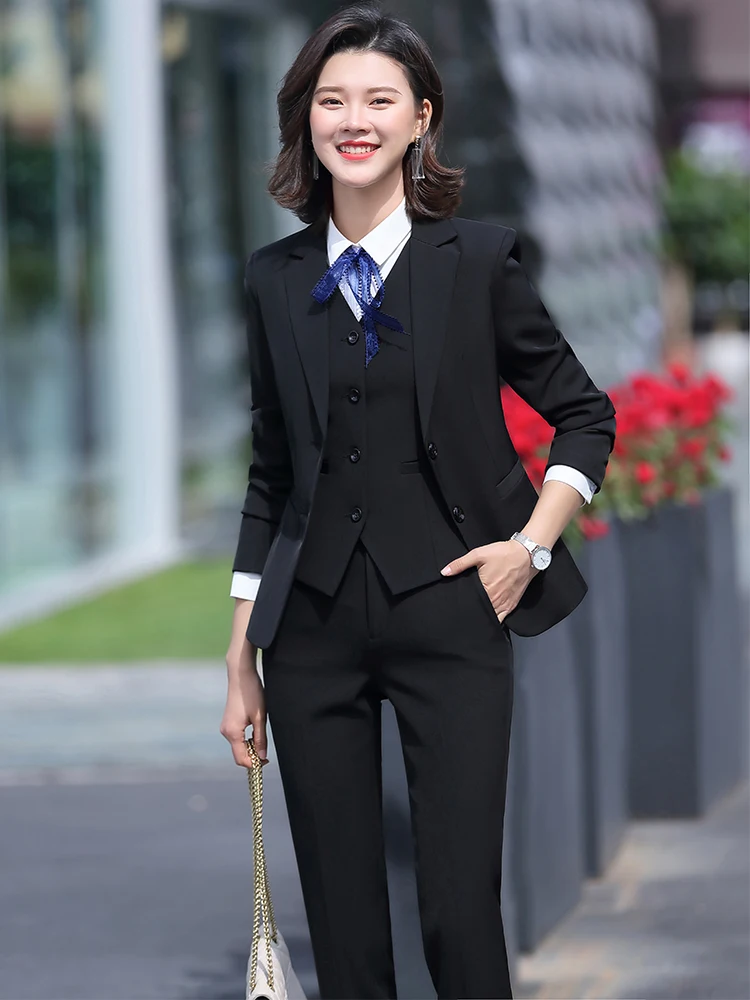 

3 Piece Set High-quality Women Formal Pant Suit Office Lady Uniform Designs Single Breasted Black Work Wear Jacket Vest and Pant