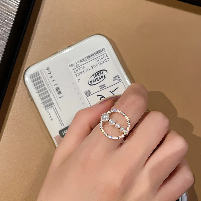

New simple personality geometric diamond-studded pearl open ring female temperament all-match ring trend party jewelry