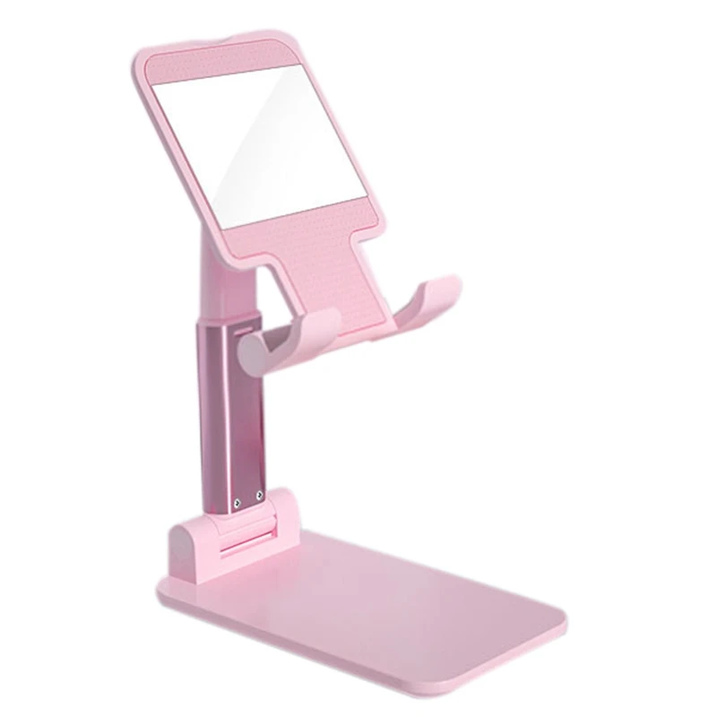 

HOT-Tablet Holder Desktop Phone Holder Mobile Phone Holder Portable Universal Holder Foldable Mini Pink with Makeup Mirror