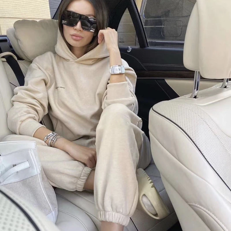 

2021 Spring Autumn New Fashion No Plush Sports Suit Classic Cotton Loose Long Sleeve Sweater + Elastic Waist Casual Pants Pang