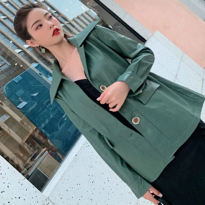 

Autumn Elegant New Jacket Female Faux Soft Womens Leather Jacket PU Green Slim Leather Jacket Ladies Basic Street Coat With Belt