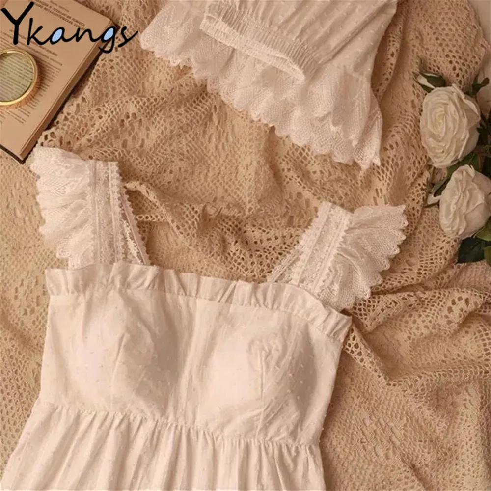 

White Lace Stitching Ruffled Sleeveless Shorts 2PCS Sets Sexy Women Cotton Pajama Summer Kawaii Students Suit Pijama Sleepwear
