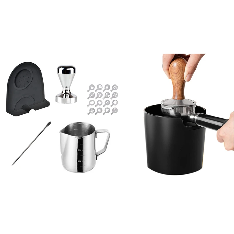 

1x Coffee Powder Residue Box Black Deep Bowl & 1 Set 51MM Coffee Tamper Mat Silicone Rubber Tampering Corner Mat