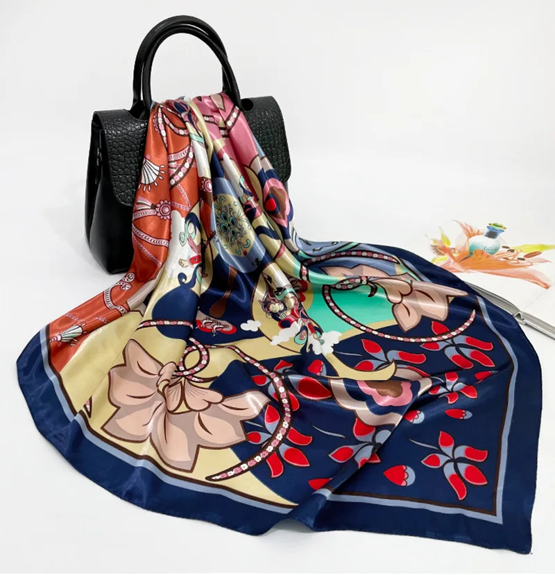

Women for 90x90cm Silk Scarf Luxury Brand Designer Hair Scarf Print Head Scarf 2021 Large Handkerchief Hijab Shawl