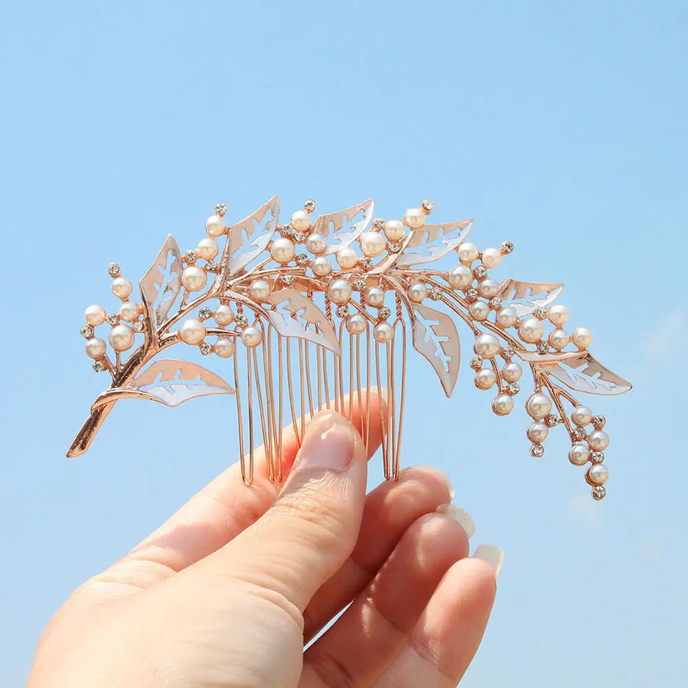 

Bridal Faux Pearl Rhinestone Hair Comb Exquisite Alloy Hollow Leaves Disk Hair Comb Wedding Hair Jewelry
