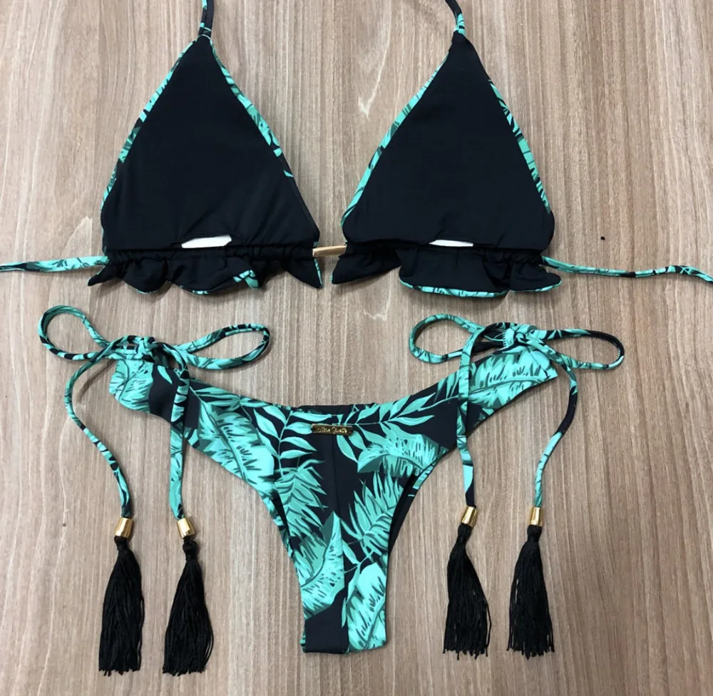 2022 Leaves print bathing suit Brazilian bikini thong  Leaves print bathing suit Tassel swimwear women Sexy swimsuit female