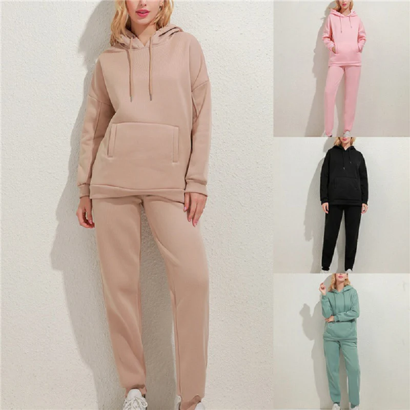 

Women's Solid Pocket Hoodie Tracksuit Two-Pieces Suits Long Sleeve Elastic Pullover 2021 Women Causal Tracksuits Two Piece Set