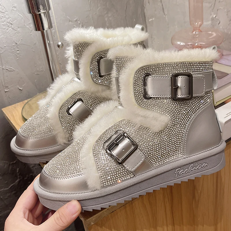 

Женские ботильоны для снежной погоды, новинка 2021, женские меховые ботинки на платформе с круглым носком, женская повседневная обувь без зас...