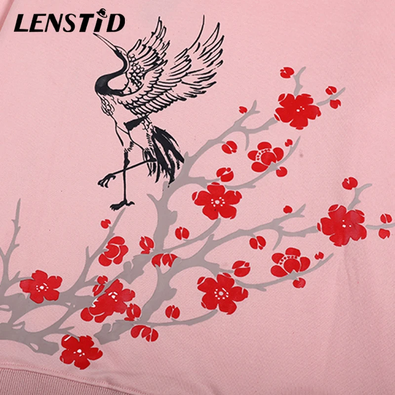 

LENSTID Men Hip Hop Pullover Hoodies Flower Crane Print Streetwear Harajuku 2020 Autumn Fashion Cotton Loose Hooded Sweatshirts