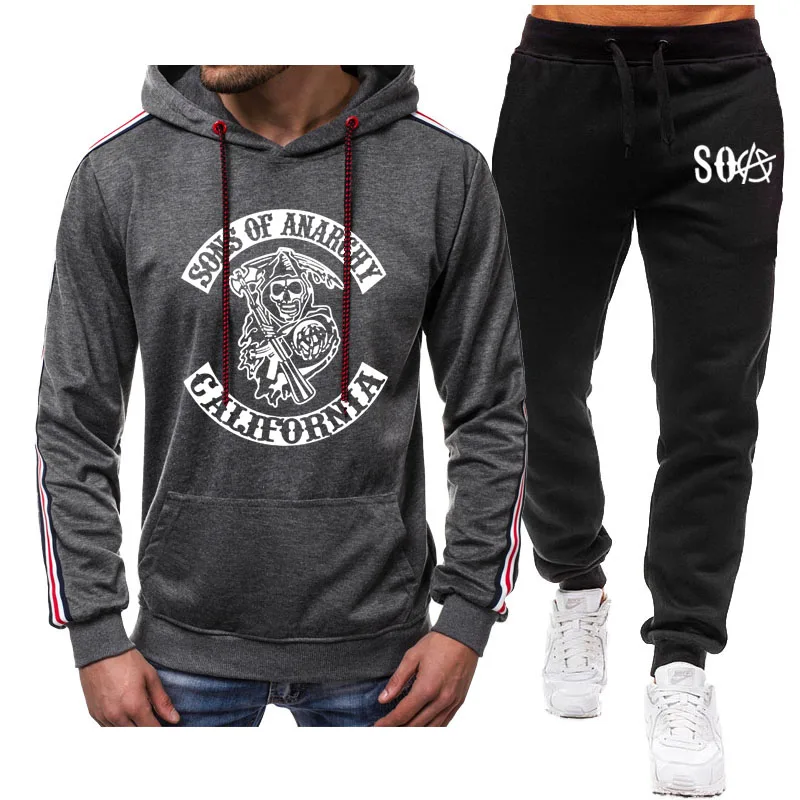 

SOA Sons of anarchy Skull print New Hoodie men high quality cotton Men's sports Tracksuit suit Hoodie + pants 2-piece set