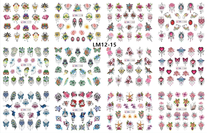 LM12-15 12 Designs Watermark Nail Art Decoration Water Decals Flower Flamingo Bird Rose Sticker Manicure Sliders Adhesive Tip BN913-924 - Color: LM12-15