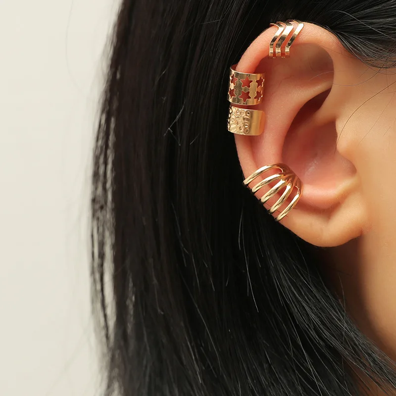 

Trendy Jewelry 4 pcs Metal Ear Clip Earring Hot Selling Gold Color Hip Hop Ear Clip Earrings For Girl Fine Accessories